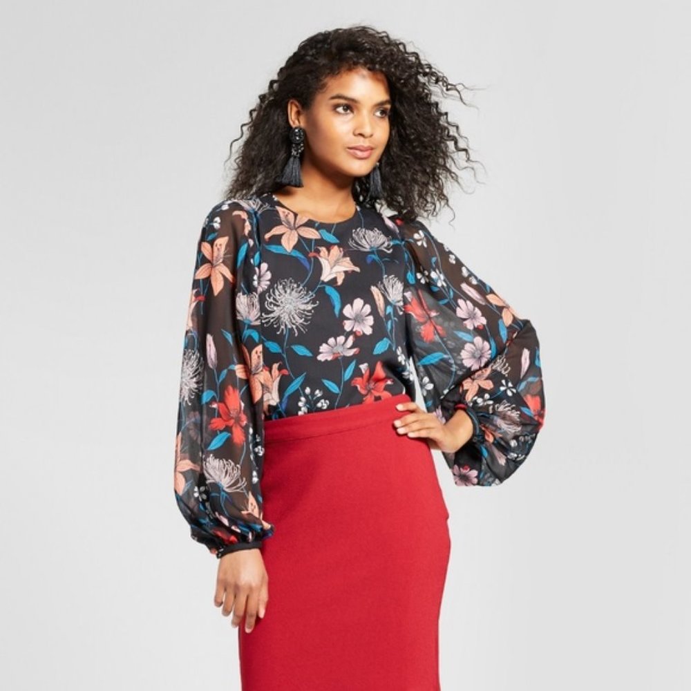 New WWW Black Floral Blouson Long Sleeve Blouse S - Picture 8 of 8